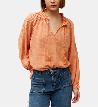 Blouse manches longues col v uni BRISKA - La Petite Etoile - Orange