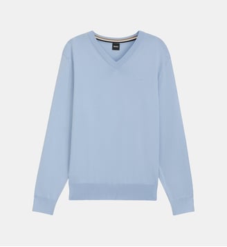Pull à col V en coton - BOSS - Light et pastel blue