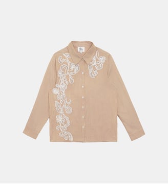 Chemisier manches longues col chemise imprimé à rayures CLEMA - La Petite Etoile - Beige et blanc