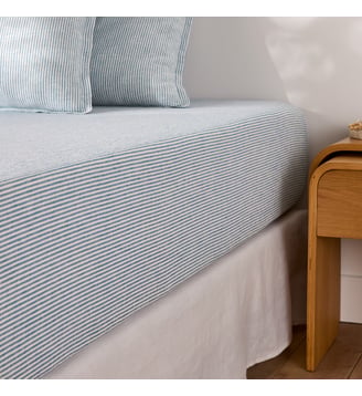 Drap-housse en lin lavé, bonnet 30 cm, à rayures - La Redoute Interieurs - Bleu