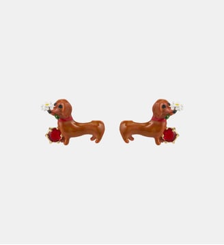 Boucles d'oreilles tiges teckel, marguerite et pierre rouge - Les Néréides - Marron