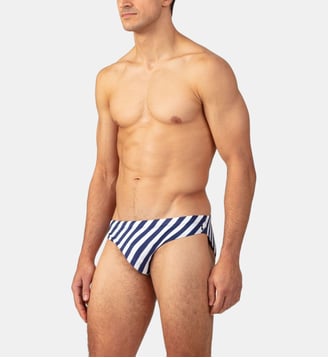 Slip de bain échancré à rayures diagonales - Ron Dorff - Blanc et bleu