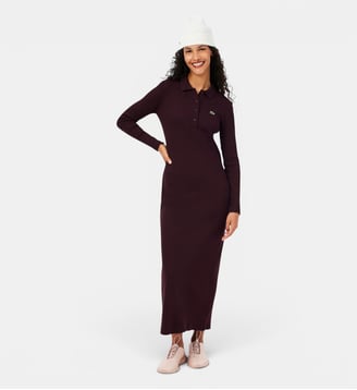 Robe slim fit col polo coton côtelé - Lacoste - Marron