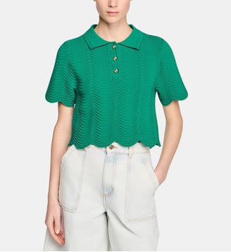 Pull en maille fantaisie à col polo - Sandro - Vert émeraude