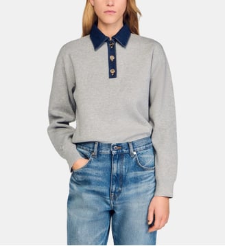 Pull ample col en jean - Sandro - Gris