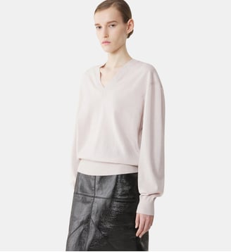 Pull Col V Détail Gros Grain En Mérinos - Lanvin - Blanc