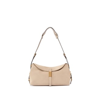 Sac porté épaule moyen saddle bag baguette en daim - Pinko - Beige et gris fumée doré antique