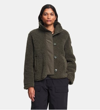 Veste sherpa laine boutonnée col montant détails nylon - Aigle - Vert olive foncé