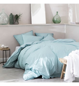Housse de couette imprimée en percale de coton, TOUCHE VÉGÉTALE - Blanc Cerise - Bleu céladon
