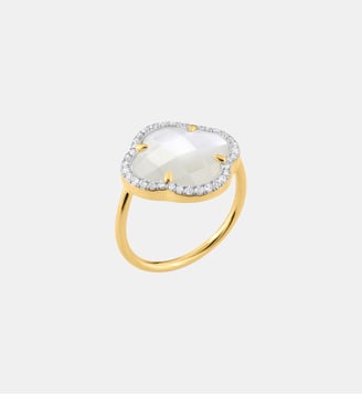 Bague, nacre blanche grand modèle, diamants, or jaune - Morganne Bello - Or jaune