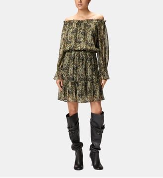 Robe courte à encolure bardot et imprimé cachemire - Pinko - Noir et vert