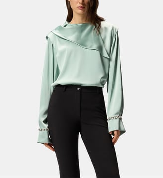 Blouse à col drapé et détails bijoux - Pinko - Bleu brume gris