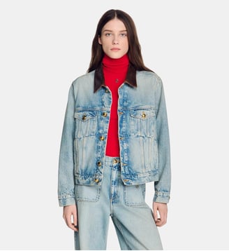 Blouson en jean col cuir - Sandro - Bleu jean