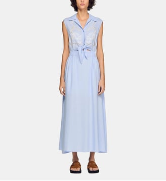 Robe longue en lin brodée - Sandro - Bleu ciel