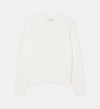 Pull col V maille sans coutures - Lacoste - Blanc