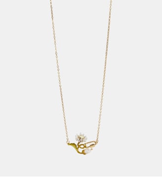 Collier fin pâquerette blanche et verte, perle de culture, mousqueton Les Néréides