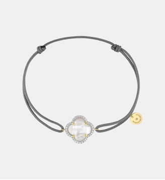 Bracelet, nacre blanche, diamants, cordon gris, or jaune - Morganne Bello - Or jaune