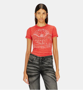 T-shirt avec graphismes de concert et cristaux - Diesel - Rouge