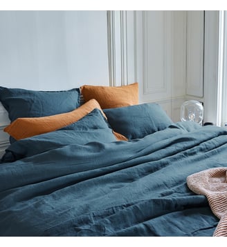 Housse de couette en lin lavé, NATURELLEMENT LIN - Blanc Cerise - Bleu nuit