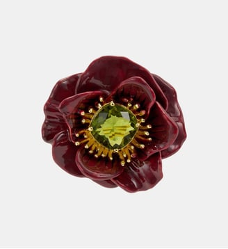 Broche fleur d'anémone bordeaux et pierre facettée verte - Les Néréides - Bordeaux