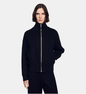 Cardigan col montant à strass - Sandro - Noir