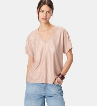 Tee-shirt col V en lin foil - Ikks - Rose pâle