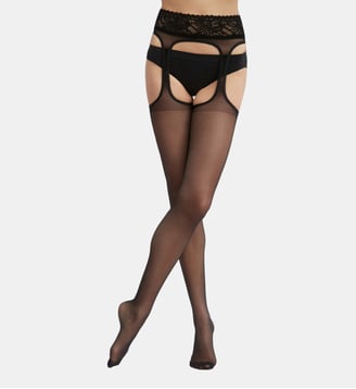 Collant effet jaretelles en voile et dentelle Style - Dim - Noir