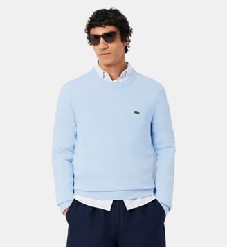 Pull coton uni col rond - Lacoste - Bleu clair ruisseau