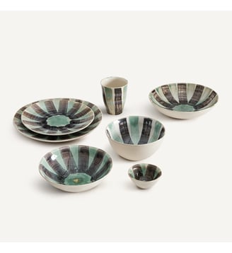 Lot de 4 bols en grès rayé, diamètre 19 cm - AM.PM - Vert de gris et noir