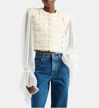 Spencer à brandebourgs en tweed et mousseline - Balmain - Blanc