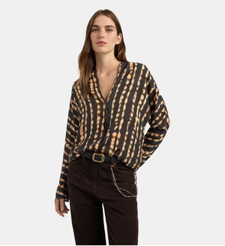 DALA SHIRT IN PRINTED VISCOSE WITH V-NECKLINE - DARK BROWN/BEIGE - Momonì - Marron