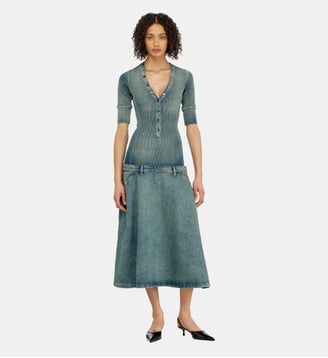 Robe midi à taille basse en maille et denim - Diesel - Bleu moyen
