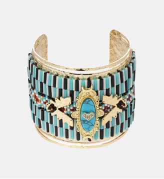 Bracelet jonc martelé avec perles tissées et cabochon central ZELLIGE - Hipanema - Bleu turquoise