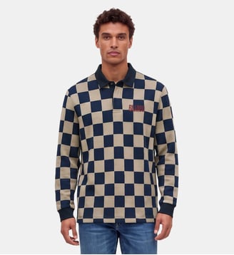 Polo de rugby manches longues imprimé damier broderie o - Serge Blanco - Beige