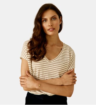 T-shirt manches courtes col v imprimé à rayures MARCELINA - La Petite Etoile - Beige et blanc