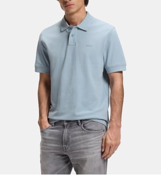 Polo droit en piqué de coton signature - BOSS - Bleu gris