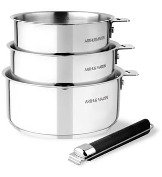 Batterie de cuisine 3 casseroles poignee amovible - Arthur Martin - Gris