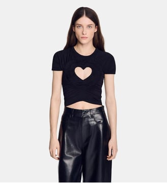 T-shirt court froncé cœur - Sandro - Noir