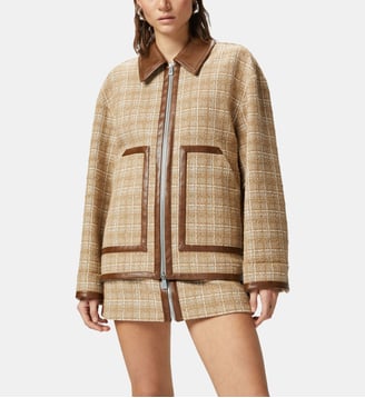 Veste zippée en tweed esprit blouson avec détails en similicuir - Pinko - Beige