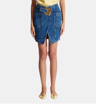 Jupe courte en denim avec ceinture - Balmain - Blue