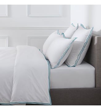 Housse De Couette Pure White Percale Lavée   Finition - Drouault - Blanc et bleu