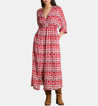 Robe longue cache-cœur à imprimé - La Fée Maraboutée - Beige et rouge