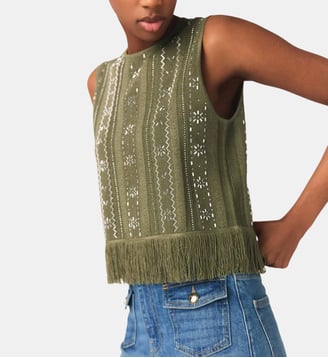 Top avec fleurs strassés et franges - Maje - Kaki