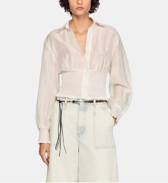 Chemise smockée en lin - Sandro - Blanc