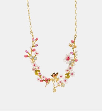 Collier plastron aubépines, papillon, cristaux et perles - Les Néréides - Rose