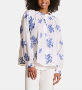 Blouse oversize brodée manches longues - La Fée Maraboutée - Écru et bleu