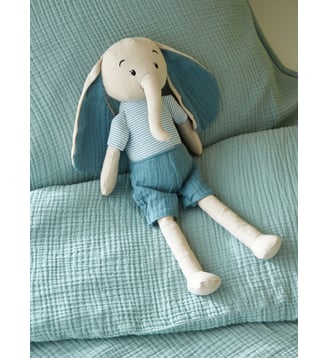 Doudou éléphant lin et coton - Cyrillus - Bleu moyen bicolore