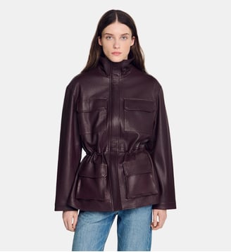 Blouson oversize col en cuir - Sandro - Bordeaux