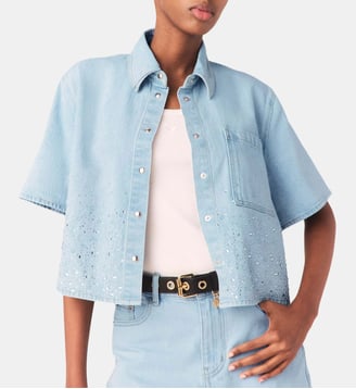 Chemise courte en denim avec strass - Maje - Bleu ciel