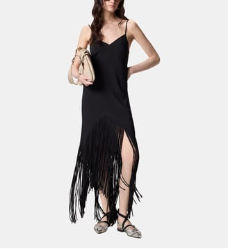 Robe lingerie longue à franges - Pinko - Limousine noire